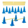 Produktbild: Relaxdays Steckhürdenset, 18 teilig, Hunde Agility & Fußballtraining, 12 Pylonen, 6 Stangen, Hindernisse, blau/gelb