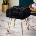 Produktbild: Theo&Cleo Moderner Velvet Kosmetik Hocker, Quadratisch Ottoman-Fußhockermit goldfarbenen Metallbeinen, Gepolsterte Sitzhocker,Strick Samt Hocker - Schwarz