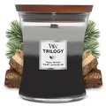 Produktbild: WoodWick mittelgroße Trilogy-Duftkerze im Sanduhrglas mit knisterndem Docht | Warm Woods | Brenndauer bis zu 60 Stunden
