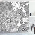 Produktbild: ABAKUHAUS Mandala Duschvorhang, Eastern Floral, Stoffliches Gewebe Badezimmerdekorationsset mit Haken, 175 x 180 cm, Weiß und Grau