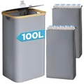 Produktbild: Yorbay 100L Pfandflaschen Sammelbehälter mit Deckel & 2 Tragetaschen, Pfandflaschen Aufbewahrung mit Bambusrahmen Fasst 35-45 Leere Flaschen, Flaschensammler mit Loch für Küche und Lagerraum, Grau