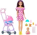 Produktbild: Barbie Skipper Babysitters Inc. Spielset mit brünetter Puppe, Blonder Babypuppe, Kinderwagen mit abnehmbarem Autositz und 7 Zubehörteilen, JJB42
