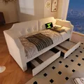 Produktbild: Sofabett 90x200 cm Polsterbettmit USB-Type-C Leselicht, Schlafsofa Tagesbett mit 2 Stauraum Schubladen, kinderbett Jugendbett Bettgestell Samt, Beige