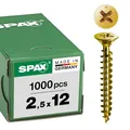Produktbild: SPAX Universalschraube, 2,5 x 12 mm, 1000 Stück, Kreuzschlitz Z1, Senkkopf, Vollgewinde, 4CUT, YELLOX A2L, 1081020250125