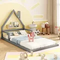 Produktbild: Kinderbett mit Lattenrost, 90x200 cm, Hausbett, Bodenbett, Jugendbett, Kiefer - Grau