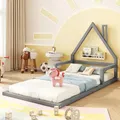 Produktbild: SOFTWEARY Kinderbett mit Lattenrost, 90x200 cm, Hausbett, Bodenbett, Jugendbett, Einzelbett, Kiefer