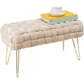 Produktbild: Theo&Cleo Moderner Velvet SitzBank, Quadratisch Ottoman-Fußhockermit goldfarbenen Metallbeinen, Gepolsterte SitzBank,Strick Samt Bank - Beige