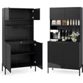 Produktbild: KOMFOTTEU Küchenschrank mit Ladestation, Buffetschrank mit Weinglashalter, Vitrinenschrank Hochschrank mit verstellbaren Regalen, Sideboard für E... - Schwarz