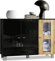 Produktbild: Vladon Sideboard Denjo, Germany, Kommode mit 3 Türen, Schwarz matt/Schwarz Hochglanz/Eiche Natur, inkl. LED-Beleuchtung (107 x 81 x 35 cm)