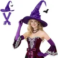 Produktbild: Hexenhut Damen, Schwarz Halloween Hexe Hut mit Fledermausanhänger & Lange Handschuhe Set – Zaubererhut für Karneval Fasching Cosplay Party Kostüm Zubehör Accessoires für Erwachsene Frauen (Lila)