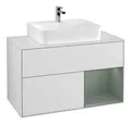 Produktbild: Villeroy & Boch Finion Waschbeckenunterschrank für Becken mittig Regal rechts für Finion / Memento 2.0 2 Auszüge mit Beleuchtung (1x LED) 1000 x 603 x 501 mm - White Matt Lacquer / Olive Matt Lacquer / Glass White Matt - F121GMMT