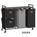 Produktbild: VASAGLE Wäschekorb 4 Fächer, Wäschesammler 150 L, Wäschesortierer, Rollen, Wäschewagen mit Ablage, Wäschesack, kleine seitliche Taschen, 6 Etiketten, kastanienbraun-tintenschwarz-taubengrau BLH203B01