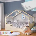 Produktbild: Bellabino Bela Kinderbett 90x200 cm – Hausbett mit Rausfallschutz, Matratze und Lattenrost – Kinder Bett mit 1 großen Schublade für Jungen und Mädchen aus Holz– Montessori Kinderhausbett in Natur