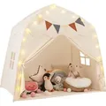 Produktbild: COSTWAY Spielhaus Indoor, Kinderzelt Spielzelt mit Flaggen & Lichterketten, Kinderspielhaus für Kinder 3+ 157x98x148cm Beige - Beige