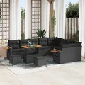 Produktbild: 12-teiliges Garten Sofa Set mit Kissen Schwarz Poly Rattan Akazie, 3-teiliges Ga
