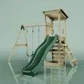 Produktbild: OutdoorToys Spielturm Neapel aus Holz in Dunkelgrün mit Doppel-Kinderschaukel