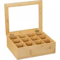 Produktbild: Relaxdays Teebox Bambus Natur Mit Sichtfenster 12 Fächer 9 cm x 28 cm x 23 cm 1,15 kg
