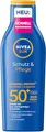 Produktbild: NIVEA SUN Schutz & Pflege Sonnenlotion LSF 50+, wasserfester Sonnenschutz mit Vitamin C & Hyaluron, schnell einziehende Sonnencreme für 48h Feuchtigkeit ohne weiße Rückstände (200 ml)