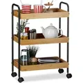 Produktbild: Relaxdays Rollwagen Bambus Stahl Schwarz Mit 3 Ablagen 70 cm x 50 cm x 28 cm