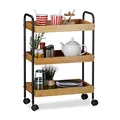 Produktbild: Relaxdays Rollwagen, 3 Ablagen, natürliche Optik, 360° drehbare Rollen, Stahl, HxBxT: 70x50x28cm, Natur/schwarz