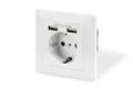 Produktbild: DIGITUS DA-70613 – Unterputz-Steckdose mit USB-A Ladegerät – 1 Stück – 2 USB-Buchsen – 5V / 2,1 A Gesamt – 250 V 50 Hz – Einbautiefe 32 mm – Bedingt Designfähig – Reinweiß RAL 9003