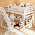 Produktbild: Merax Etagenbett 140x200cm mit Treppe und Stauraum, Hochbett mit Rausfallschutz, Kinderbett mit Lattenrost, Doppelbett Stockbett Holzbett, Weiß