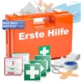 Produktbild: Erste Hilfe Koffer - DIN 13157 Kasten für Wand & Zuhause & Betrieb - & 5x Aufklebern - Verbandskasten orange - inkl. Wandhalterung