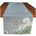 Produktbild: Läufer Tischdecke Leinen-Optik Bestickt Deko Esszimmer Serie Margariten Blumen Tischwäsche grau Stickerei Schmetterling Tischband Frühling Typ886 Tischläufer 40x140 cm weiß gelb