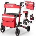 Produktbild: AREBOS Leichtgewicht Rollator Aluminium | Faltbarer Reiserollator 6-fach höhenverstellbar | mit Stockhalter & Einkaufstasche | Gehhilfe Rot
