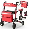 Produktbild: AREBOS Leichtgewicht Rollator Aluminium | Faltbarer Reiserollator 6-fach höhenverstellbar | mit Stockhalter & Einkaufstasche | Gehhilfe Rot - Rot