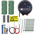 Produktbild: Hundezaun Komplettset 100m Elektrozaun, ideal für Einzäunungen in Ihrem Garten, mit umfangreichem Zubehör, anschlussfertig mit 300m grüner Weidezaunlitze und Zaunprüfer, 20 grüne Pfähle 105cm