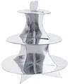 Produktbild: Spetebo Karton Etagere 34 x 30 cm mit 3 Ablagen - Silber - Servierplatte mit Herz Tragegriff - Dessert Muffin Cupcake Kuchen Platte Servier Papp Ständer