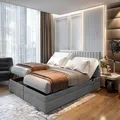 Produktbild: TRADA Boxspringbett ADÈLE 160x200 cm - elektrische Bett mit Matratze + Tooper und Bettkasten - Stoffbezug Veloursstoff - Hellgrau