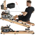 Produktbild: tectake® Wasser Rudergerät für Zuhause + Pulsgurt, Holzrudergerät Heimtrainer mit Wassertank, Wasserrudergerät bis 150kg, Rudermaschine klappbar, Fitnessgeräte für Zuhause, Rückentrainer