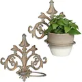 Produktbild: 2 x Wand Blumenhalter Barock, Gusseisen, Vintage Blumentopfhalter für draußen, Blumentopfring Ø 13,5 cm, gold-grau