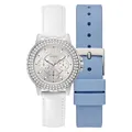 Produktbild: GUESS Damen Sport Kristall Multifunktions 36 mm Uhr - Weißes Zifferblatt Roségold-Ton Edelstahlgehäuse mit blauem Silikonarmband, Austauschbare Armbänder/Silberfarben/Weiß, Classic