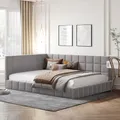 Produktbild: Flieks Polsterbett 140x200cm mit Lattenrost, Tagesbett Schlafsofa mit Verstellbarem Rückenlehne, Doppelbett Gästebett Daybett Jugendbett, Samt, Grau