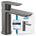 Produktbild: Bächlein Badarmatur Mizarela in klassischem Design, Einhebelmischer mit langlebiger Keramikkartusche und Montage-Set, Bad Wasserhahn Anthrazit - flacher Auslauf