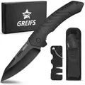 Produktbild: GREIFS® Klappmesser G1 (Zweihandmesser) Messer mit Tasche, Outdoor & Survival Taschenmesser, Überlebensmesser, Jagdmesser (G1+Messerschärfer, Black)