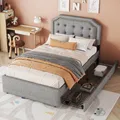 Produktbild: Flieks Polsterbett Stauraumbett 90x200cm mit 2 Schubladen, Jugendbett Einzelbett mit Lattenrost, Holzbett Kinderbett mit verstellbar Kopfteil, Leinen