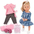 Produktbild: Götz 2111022 Little Kidz Lotta Puppe – 36 cm große Multigelenk – Stehpuppe mit blonden Haaren und blauen Augen – 13 teiliges Set