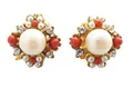 Produktbild: Klassische Ohr-Clips weiße Perlen orange-rote Korallen kleine Strass-Steine Silber vergoldet Handarbeit Unikat Italien Antik-Look Vintage Retro elegant