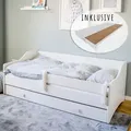 Produktbild: Kinderbett Jugendbett 80x160 mit Matratze Rausfallschutz & Schublade | Kinder Sofa Couch Bett umbaubar weiß - Weiß