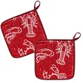 Produktbild: KRACHT 2er Set Topflappen Baumwoll Frottier Serie Seafood ca. 22x22 cm rot NEU