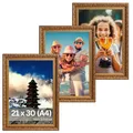 Produktbild: VictoR Vintage Bilderrahmen „Rubens“ 3er Set in 21x30 cm (A4) Braun Gold - Leiste: 30x20mm - Echtglas - Fotorahmen Barock - Antik - Bilderrahmen 20x30 Vintage - Fotorahmen A4 Vintage