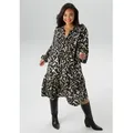 Produktbild: Tunikakleid ANISTON PLUS, Damen, Gr. 50, N-Gr, schwarz (schwarz, beige), Web, Obermaterial: 100% Viskose, gemustert, figurumspielend kniebedeckend, V-Ausschnitt, Kleider, mit graphischem Blätterdruck