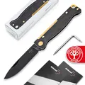 Produktbild: BÖKER PLUS® Atlas Black Stonewash Brass - schwarzes EDC Taschenmesser mit Clip extra flach - Slipjoint Zweihand Klappmesser 42a konform legal - Vollmetall Messer mit 12C27 Sandvik Droppoint Klinge