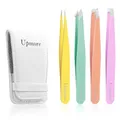 Produktbild: Upmore 4x Pinzette Set Edelstahl - Farbig Augenbrauenpinzette Set Schere Pinzette, gerade schräge spitze Zupfpinzette Splitterpinzette Spitzpinzette für Frauen und Männer