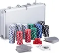Produktbild: Relaxdays Pokerkoffer, 300 Laser Pokerchips, 2 Kartendecks, 5 Würfel, Dealer Button, Aluminiumkoffer abschließbar, silber