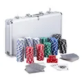Produktbild: Relaxdays Pokerkoffer, 300 Laser Pokerchips, 2 Kartendecks, 5 Würfel, Dealer Button, Aluminiumkoffer abschließbar, silber